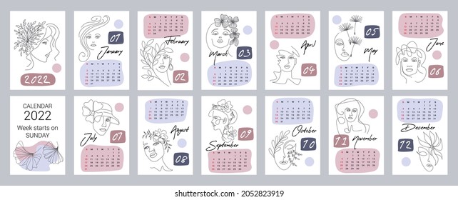 Calendar template for 2022. Vertical design with abstract female faces. Editable vector illustration, set of 12 months with cover. Week starts on Sunday.