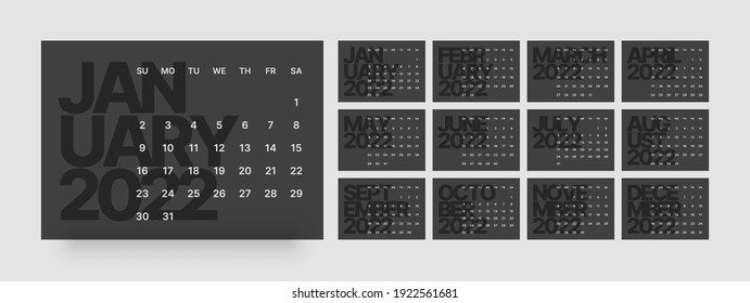 Calendar template for 2022 with week start on Sunday. In dark colors.