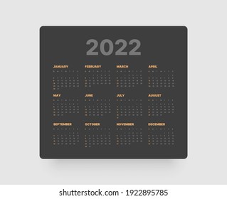 Calendar template for 2022 with week start on Sunday. In dark colors.