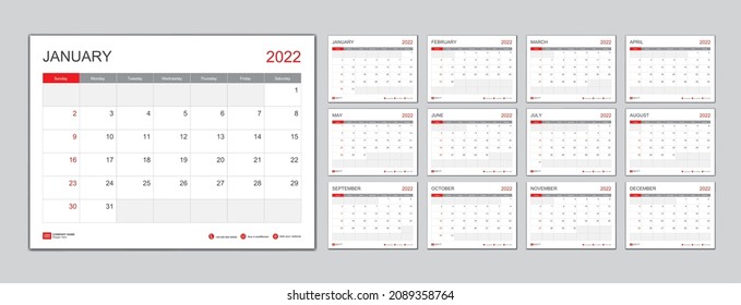 Plantilla de calendario para 2022 con inicio de semana en domingo.Plantilla de calendario de escritorio 2022, Planner simple, calendario de pared 2022 diseño, Stationery, medios de impresión, vector de negocio, ilustración