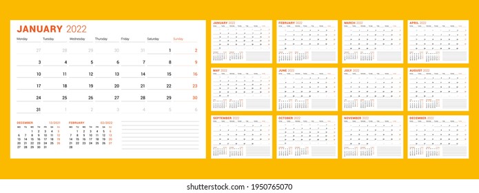 Calendar template for 2022 year. Business planner. Stationery design. Week starts on Monday. Vector illustration