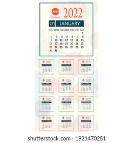Kalendervorlage für das Jahr 2022. Kreatives Design für Ihr Unternehmen oder Ihren Heimkalender. Woche beginnt Sonntag.Vektorgrafik
