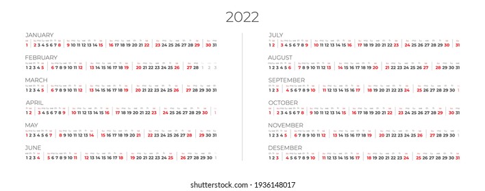 Calendar template for 2022 year. Original, corporate and business calendar. Horizontal strokes. Week Starts Sunday