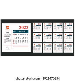 Calendar template for 2022 year. Planner diary design for Corporate and business calendar. Week Starts Sunday.Vector