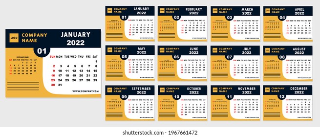 Calendar template for 2022 year. Planner diary in a minimalist style. Corporate and business calendar. 2022 calendar in minimal table and black and yellow color event planner, Week Starts Sunday