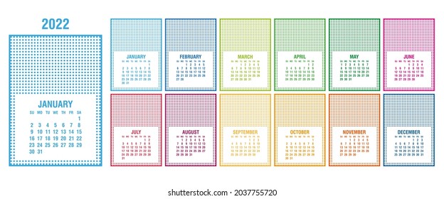 Calendar template for 2022 year. Planner diary in a minimalist style. Corporate and business calendar. Week starts on Sunday. Vector illustration.