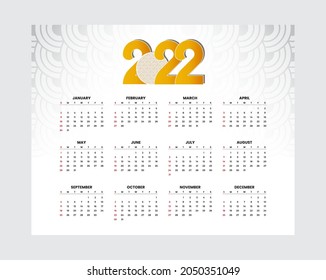 Calendar template for 2022 year, simple and minimalist concept, New year simple calendar template with pattern transparent,  Week starts Sunday.