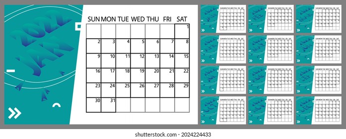 Calendar template for 2022 year. Vector template Planner. Week Starts on Sunday. Abstract design with minimal table grid event planner.