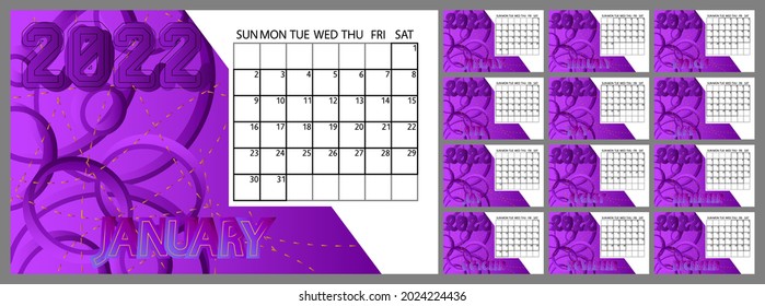 Calendar template for 2022 year. Vector template Planner. Week Starts on Sunday. Abstract design with minimal table grid event planner.