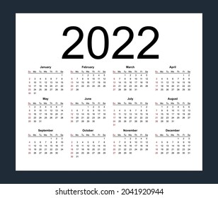 Kalendervorlage für das Jahr 2022. Die Woche beginnt am Sonntag. Einzige Vektorgrafik auf weißem Hintergrund.