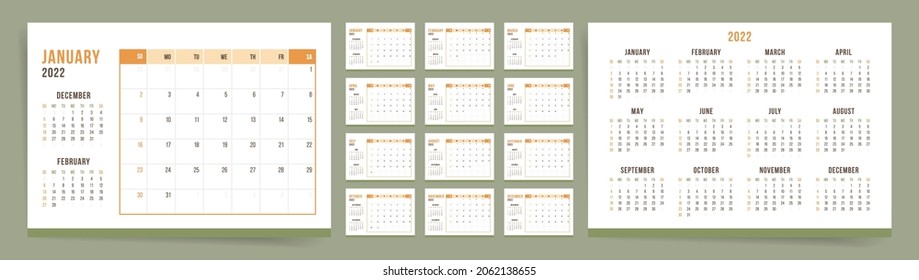 Calendar template for 2022 year. Week starts on Sunday. Desktop planner in minimal asian style. Corporate or business calendar. 2022 calendar in minimalist oriental style for. English vector calendar.