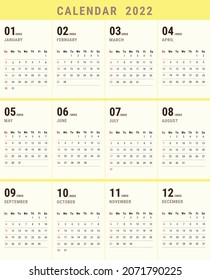 Calendar template for 2022 year  week start Sunday corporate.