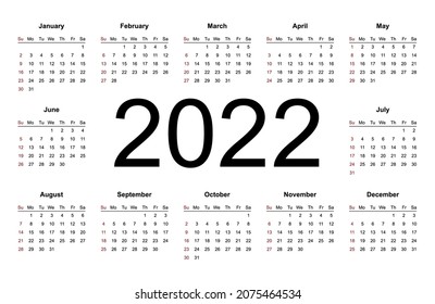 Calendar template for 2022 year. Week starts from Sunday. Isolated vector illustration on white background.