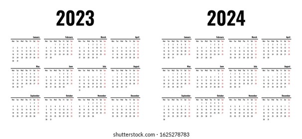 Calendar Template 2023 2024 Week Starts Stock Vector (Royalty Free ...