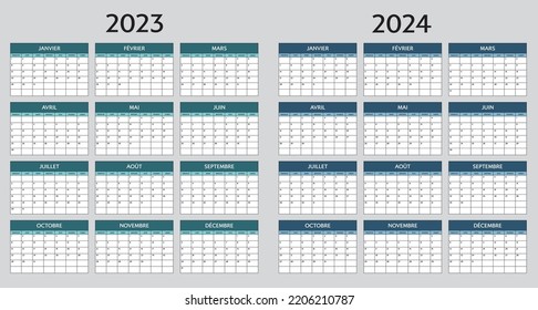 Calendar template for 2023 and 2024 year in french language. Planner diary layout template. 