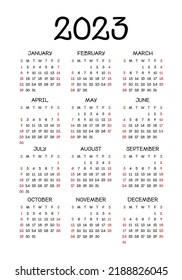 Calendar template 2023. English simple vector vertical wall or pocket calender
