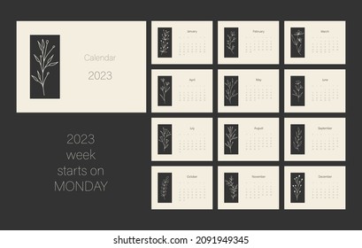 Calendar template for 2023.  Horizontal design with botanical line art. Desk or wall calendar. Editable illustration page template A5 set of 12 months with cover. Vector mesh. Week starts on Monday.