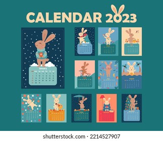 Calendar template 2023 with images of cute RABBIT - symbols of the Chinese calendar year. Design concept with rabbits in different seasons. A set of 12 months, 12 different pages. Vector illustration