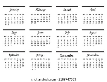 Calendar template for 2023. Minimalism. The months are written by lettering. Vector illustration