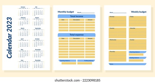 Calendar template for 2023, monthly and weekly budget planner in blue and yellow colors with white background on two sheets.