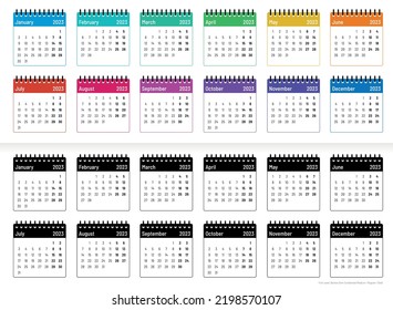 Calendar template 2023, Months, week starts on Monday, color outline	