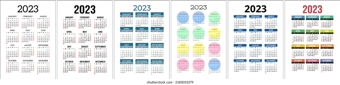 Calendar template 2023 set. Color english vertical calender collection