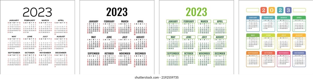 Calendar template 2023 set. Color english square calender collection