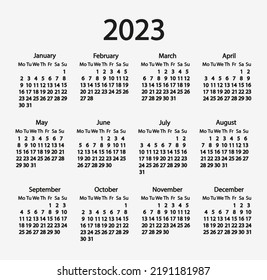 Calendar template 2023. Simple calendar design in black and white colors. Vector illustration