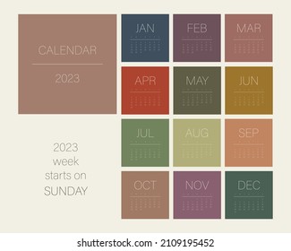 Calendar template for 2023. Square design with natural trendy 2023 colors. Desk or wall calendar 12 months with cover. Vector mesh. Week starts on Sunday.