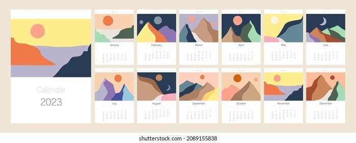 Calendar template for 2023. Vertical design with abstract natural boho landscapes. Editable illustration page template A4, A3, set of 12 months with cover. Vector mesh. Week starts on Monday.