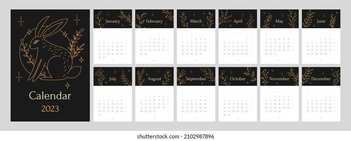 Calendar template for 2023. Vertical design with black rabbit for the year of rabbit 2023. Editable illustration page template A4, A3, set of 12 months with cover. Vector mesh. Week starts on Monday.