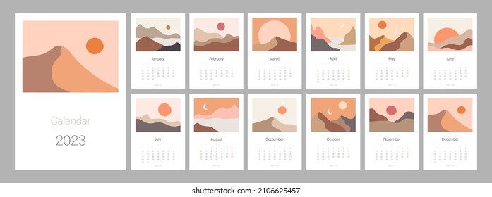 Plantilla de calendario para 2023. Diseño vertical con paisajes naturales abstractos de boho. Plantilla de página de ilustración editable A4, A3, conjunto de 12 meses con portada. Malla vectorial. La semana comienza el domingo.