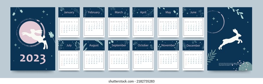 Calendar template for 2023. Vertical design with rabbit and plant doodles for the year of the rabbit 2023. Editable page template with A4 illustrations, set of 12 months with covers. Vector illustrati