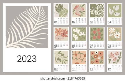 Calendar template for 2023. Vertical design with abstract flowers and plants. Editable vector illustration, set of 12 months with a cover. The week starts on Monday.