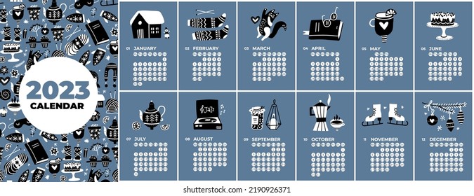 Calendar template for 2023. Vertical design doodles of four seasons activities. Editable page template with vector balck and white illustrations, set of 12 months with cover. Week starting on monday