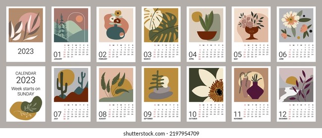 Calendar template for 2023. Vertical design with abstract flowers, plants and landscapes. Editable vector illustration of natural muted color, set of 12 months with a cover. The week starts on Sunday.