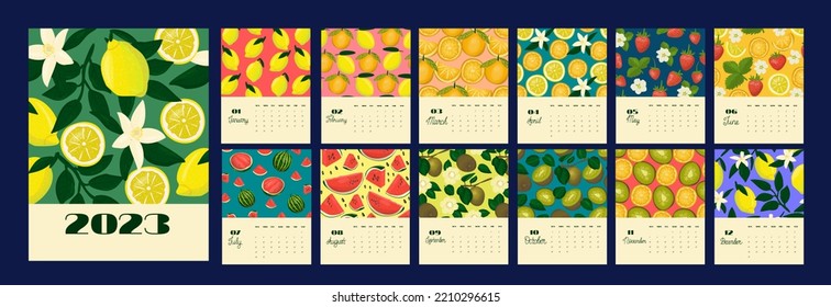 Calendar template for 2023. Vertical design with fruits and berries. Illustration page A4, A3, set of 12 months with cover. Week starts on Sunday. svg