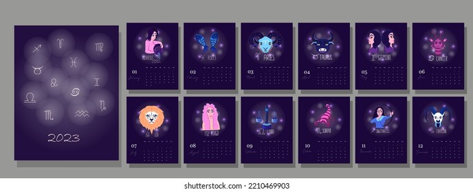 Calendar template for 2023. Vertical design with horoscope zodiac signs. Illustration page A4, A3, set of 12 months with cover. Week starts on Monday.