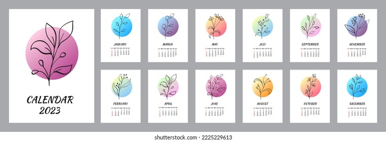 Calendar template for 2023. Vertical design with botanical line art. Natural colors. Set of 12 months with cover. Vector mesh. Week starts on Sunday