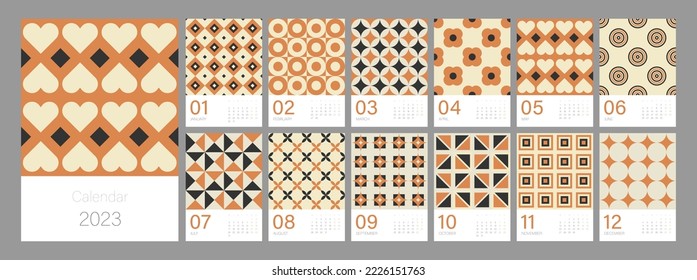 Calendar template for 2023. Vertical design with bright colorful retro geometric ornaments. Editable illustration page template A4, A3, set of 12 months with cover. Vector mesh. Week starts on Monday.