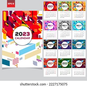 Calendar template for 2023. Vertical design with abstract and geometric design colors. Editable illustration page template A4, A3, Letter set of 12 months with cover.  Week starts on Sunday.