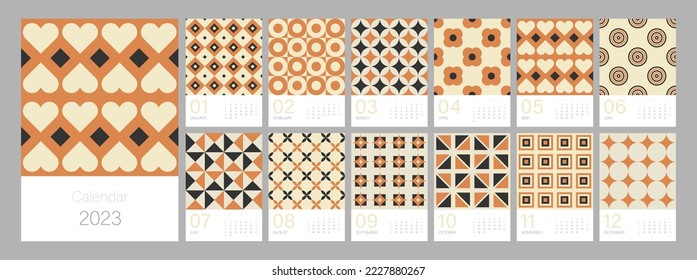 Calendar template for 2023. Vertical design with bright colorful retro geometric ornaments. Editable illustration page template A4, A3, set of 12 months with cover. Vector mesh. Week starts on Sunday.