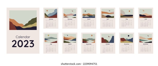 Calendar template for 2023. Vertical design with abstract natural boho landscapes. Editable illustration page template A4, A3, set of 12 months with cover. Vector mesh. Week starts on Monday.