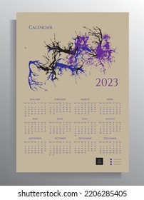 Calendar template for 2023. Wall calendar for 12 months. Contemporary design with abstract artistic illustrations on a pastel background.