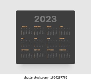 Calendar template for 2023 with week start on Sunday. In dark colors.