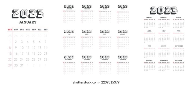 Calendar template for 2023 with week start on Sunday Minimal design, Set of 12 calendar, printing vector calendar