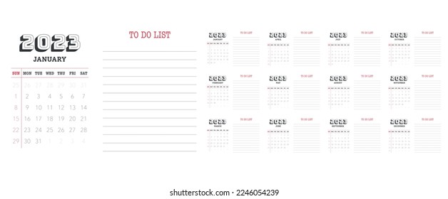 Calendar template for 2023 with week start on Sunday Minimal design, Set of 12 calendar, printing vector calendar, to do list line