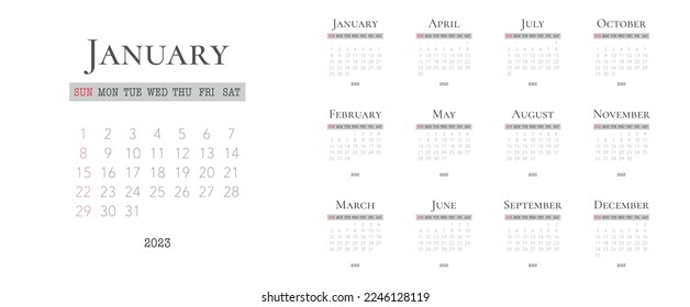 Calendar template for 2023 with week start on Sunday Minimal design, Set of 12 calendar, printing vector calendar, square form, the white background