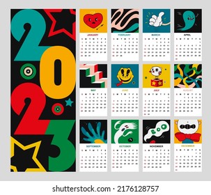 Calendar template for 2023 year with abstract art in contemporary style. Vector set of pages with months and creative comic illustrations. Calender layout, week starts on sunday