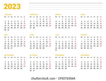 Calendar template for 2023 year. Business monthly planner. Stationery design. Week starts on Monday. Vector illustration